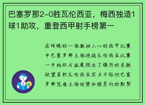 巴塞罗那2-0胜瓦伦西亚，梅西独造1球1助攻，重登西甲射手榜第一
