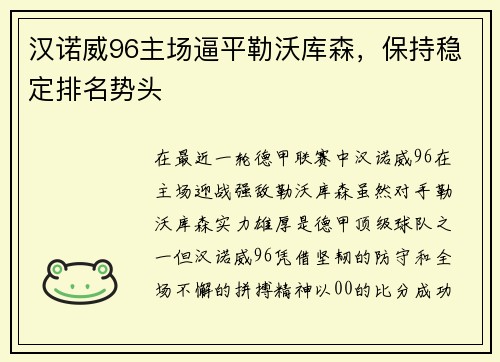 汉诺威96主场逼平勒沃库森，保持稳定排名势头
