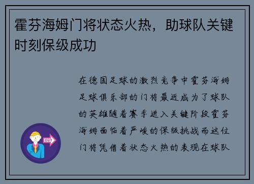 霍芬海姆门将状态火热，助球队关键时刻保级成功